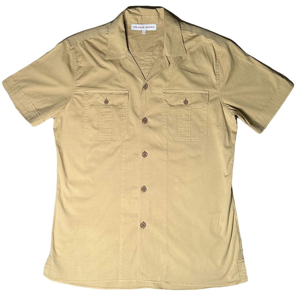 Orlebar Brown Men's Tan Button Up Shirt Short Sleeve Resort Linen Size Medium